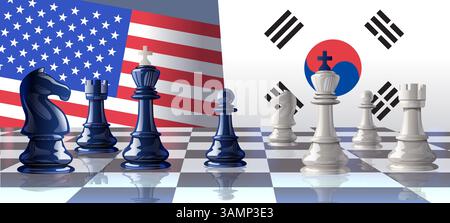 USA Corée du Sud concept de bataille d'échecs de guerre commerciale avec drapeaux pièces d'échecs à bord représentant le conflit entre les pays concurrence stratégique Illustration de Vecteur