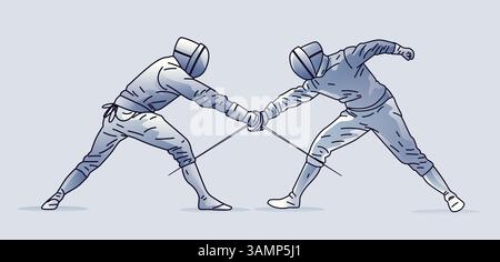 Fencing duel concept deux escrimeurs s'engageant dans le combat dynamique pose costumes détaillés et casques bleu clair fond de thème de compétition sportive Illustration de Vecteur