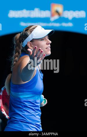 19 janvier 2014 - Melbourne, Victoria, Australie - 19 janvier 2014 : 9e Seed Angelique KERBER (GER) en action dans un match de 4e ronde contre la 28e Seed Flavia PENNETTA (ITA) le jour 7 du tournoi de tennis de grand chelem de l'Open d'Australie 2014 au Melbourne Park à Melbourne, Australie. Sydney Low/Cal Sport Media(image crédit : © Sydney Low/Cal Sport Media/ZUMAPRESS.com) Banque D'Images