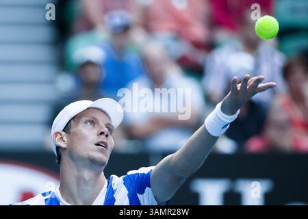 21 janvier 2014 - Melbourne, Victoria, Australie - 21 janvier 2014 : 7e Seed Tomas BERDYCH (CZE) en action contre le 3e Seed David FERRER (ESP) dans un match en quarts de finale le jour 9 du tournoi de tennis de grand chelem de l'Open d'Australie 2014 au Melbourne Park à Melbourne, Australie. Sydney Low/Cal Sport Media(image crédit : © Sydney Low/Cal Sport Media/ZUMAPRESS.com) Banque D'Images