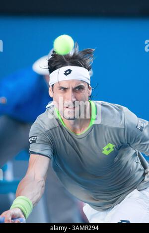 21 janvier 2014 - Melbourne, Victoria, Australie - 21 janvier 2014 : le 3e joueur David FERRER (ESP) en action contre le 7e joueur Tomas BERDYCH (CZE) dans un match en quarts de finale le 9e jour du tournoi de tennis de grand chelem de l'Open d'Australie 2014 au Melbourne Park à Melbourne, en Australie. Sydney Low/Cal Sport Media(image crédit : © Sydney Low/Cal Sport Media/ZUMAPRESS.com) Banque D'Images