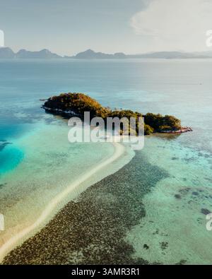 Vue aérienne de la plage reculée et du récif corallien, El Nido, Philippines. Banque D'Images