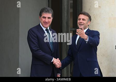 Paris, France. 14 avril 2025. Le Président de la République, Emmanuel Macron, a reçu le Président du Gouvernement régional du Kurdistan irakien, M. Nechirvan Barzani, pour déjeuner au Palais de l’Elysée le 14 avril 2025. - 14/04/2025 - France/Ile-de-France (région)/Paris - Julien Mattia/le Pictorium crédit : LE PICTORIUM/Alamy Live News Banque D'Images