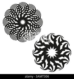 Icônes de tourbillon Mandala, ornements radiaux abstraits, motif symétrique noir. Illustration de Vecteur