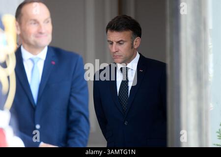 Paris, France. 14 avril 2025. Le Président Emmanuel Macron, déjeuner de travail avec M. Netchirvan Barzani, Président de la région autonome du Kurdistan d’Irak, au Palais de l’Elysée à Paris, France, le 14 avril 2025. (Photo de Lionel Urman/Sipa USA) crédit : Sipa USA/Alamy Live News Banque D'Images