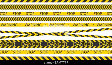 Rubans adhésifs pour clôturer les zones dangereuses et avertir de danger. Jeu de rubans rayés jaunes et noirs. Désignation avec les mots STOP, danger, avertissement Illustration de Vecteur