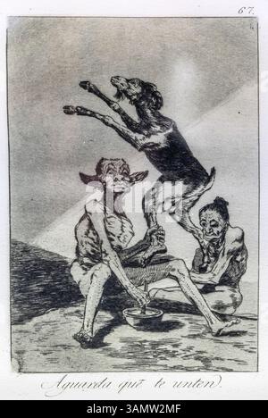 Une gravure de la série Los Caprichos (les Caprices),. No 67 - Aguarde que te unten (attend d'être oint), 1797 - 1798 par FRANCISCO DE GOYA y LUC Banque D'Images