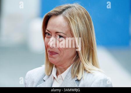 Rome, Italie. 14 avril 2025. La première ministre Giorgia Meloni au Palazzo Chigi lors de la rencontre avec le premier ministre du Royaume de Norvège Jonas Gahr Støre, Rome, lundi 14 avril 2025 (photo de Roberto Monaldo/LaPresse) crédit : LaPresse/Alamy Live News Banque D'Images