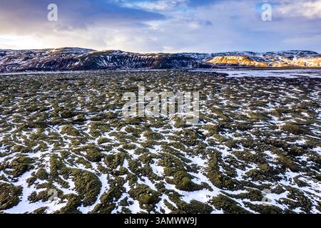 Vue aérienne du champ de lave de Mossy avec de la neige en hiver en Islande. Banque D'Images