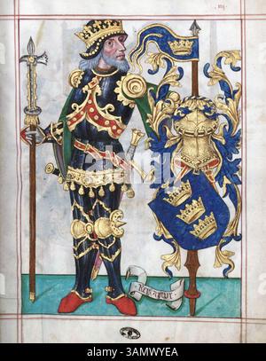 ROI ARTHUR légendaire monarque guerrier anglais post-romain comme le montre le Livro do Armeiro-Mor portugais de 1509 (Livre de l'armurier en chef). Banque D'Images