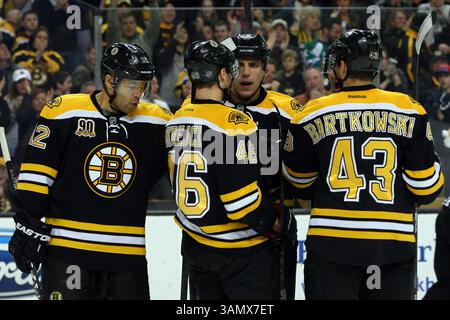 15 mars 2014 - Boston, Massachusetts, États-Unis - 15 mars 2014 : Jarome Iginla (12 ans), Milan Lucic (17 ans), David Krejci (46 ans), le défenseur Matt Bartkowski (43 ans) des Bruins de Boston célèbrent un but dans le match de la LNH entre les Hurricanes de Caroline et les Bruins de Boston au TD Garden. Boston a battu Carolina 5-1. Anthony Nesmith/CSM(image crédit : © Anthony Nesmith/Cal Sport Media/ZUMAPRESS.com) Banque D'Images