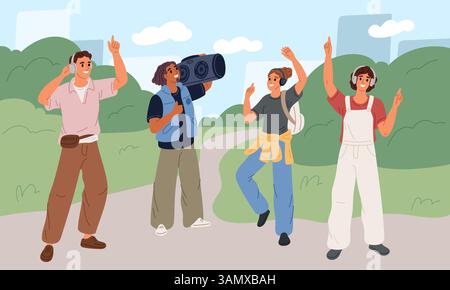 Groupe d'amis sur la marche écoutant de la musique. Jeunes heureux avec écouteurs, haut-parleur, mélomans joyeux dans le parc de la ville, podcast sur la nature, bande dessinée plat Illustration de Vecteur