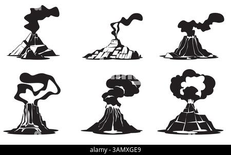 Icônes de volcan actif. Silhouettes noires montagnes avec des cratères, processus d'éruption de lave, roches avec des nuages, catastrophe naturelle, catastrophe dangereuse Illustration de Vecteur