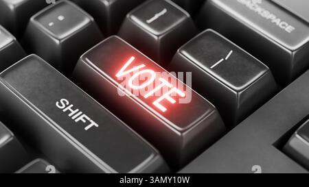 Texte de vote écrit sur un bouton du clavier. Concepts de vote. Touche noire du clavier avec le mot rouge « VOTE » symbolisant l'importance du vote en électio Banque D'Images