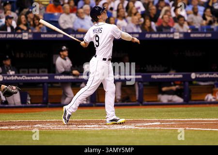 19 avril 2014 - établi Petersburg, FL, USA - Wil Myers, The Tampa Bay Rays' regarde le vol de son home run en deuxième manche contre les Yankees de New York au Tropicana Field à Petersburg, Floride, le samedi 19 avril 2014. (Crédit image : © Will Vragovic/MCT/ZUMAPRESS.com) Banque D'Images