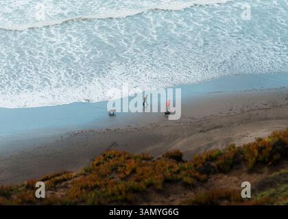 Deux amis et leurs chiens partagent un moment paisible le long du rivage, éclipsé par les vagues sans fin et le littoral spectaculaire. Banque D'Images