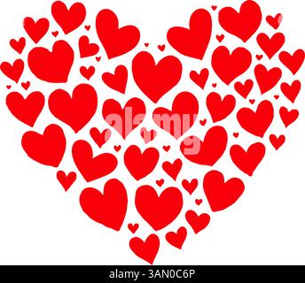 Forme de coeur formée par de multiples coeurs rouges de différentes tailles sur un fond blanc Uni, symbolisant l'amour et la romance. Illustration de la Saint-Valentin. Illustration de Vecteur