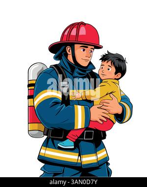 Les pompiers sauvent garçon de l'incendie. Sauver des vies. Pompiers portant un uniforme éteignant la flamme du feu. Isolé. Illustration de Vecteur