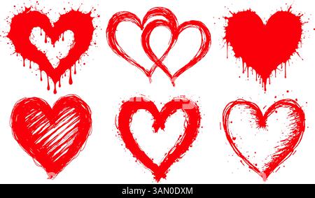 Ensemble de coeurs rouges dessinés à la main avec des éclaboussures de peinture et des traits, sur fond blanc, représentant l'amour. Saint-Valentin, illustration de mariage. Illustration de Vecteur