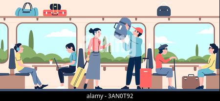 Les gens voyagent en train. Passagers à l'intérieur du transport, hommes femmes assis et debout, enlevant les bagages. Tourisme et voyages, transports publics Illustration de Vecteur