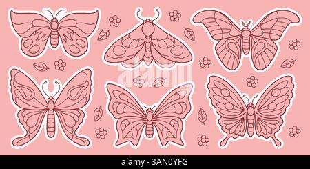 Charmant ensemble d'autocollants papillons roses et papillons de nuit. Dessiné à la main plat, style d'art au trait. Design épuré. Parfait pour scrapbooking, cartes de vœux, planificateurs, livres pour enfants, autocollants numériques, site web. Illustration de Vecteur