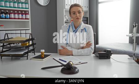 Femme médecin assise dans un bureau de clinique entouré d'équipement médical, de papiers et de médicaments, portant un stéthoscope dans un professionnel de la santé e Banque D'Images