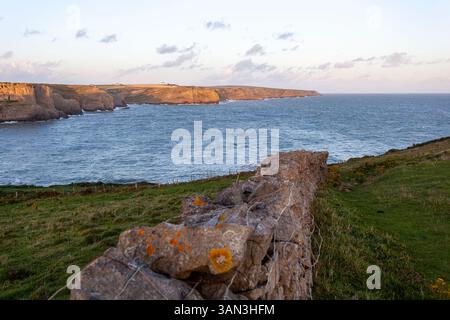 Falaises le long de Worms Head, Rhossili Bay. Un promontoire important sur la péninsule de Gower connu pour son littoral exceptionnel et ses paysages magnifiques. Banque D'Images