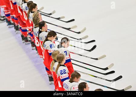 Budweis, République tchèque. 14 avril 2025. Les joueuses tchèques sont vues après la défaite du Championnat mondial féminin de l'IIHF, Groupe A, match Tchéquie vs Canada, à Ceske Budejovice, République tchèque, le 14 avril 2025. Crédit : Vaclav Pancer/CTK photo/Alamy Live News Banque D'Images