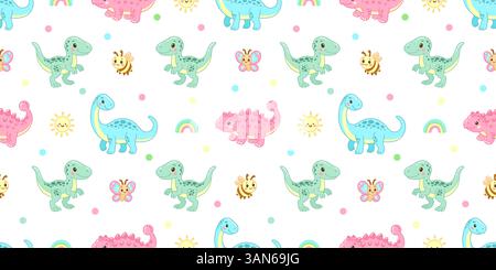 Motif de dinosaure sans couture lumineux avec des abeilles, des arcs-en-ciel et du soleil sur blanc pour des conceptions joyeuses d'enfants Illustration de Vecteur