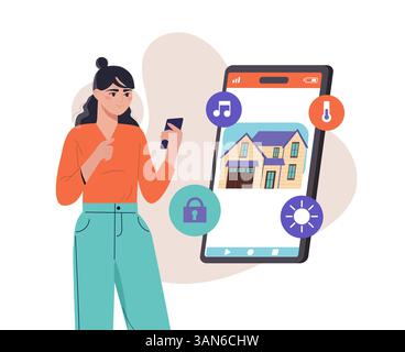Femme utilisant l'application de contrôle de maison intelligente. Illustration vectorielle Illustration de Vecteur
