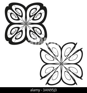 Motif pétale tourbillon. Forme de fleur abstraite. Vecteur floral courbe. Symbole noir symétrique. Illustration de Vecteur