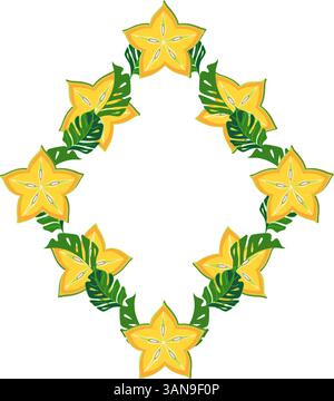 Cadre géométrique avec illustration vectorielle de fruits étoilés et de feuilles tropicales Illustration de Vecteur