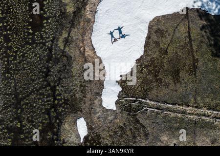 Une vue drone de deux silhouettes d'ombre d'une paire de randonneurs debout sur un manteau de neige dans les montagnes californiennes. Banque D'Images