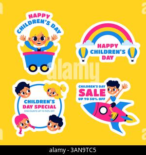 Illustration d'enfants qui s'amusent lors de la Journée internationale de l'enfance pour le label des médias sociaux Illustration de Vecteur