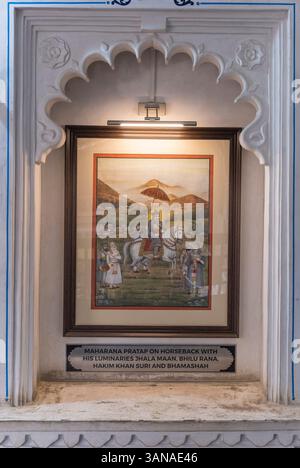Rajput chef peinture Bagore Ki Haveli musée Udaipur Rajasthan Inde Banque D'Images