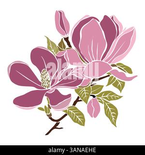 Fleurs de Magnolia rose branche avec des feuilles vertes Illustration de Vecteur