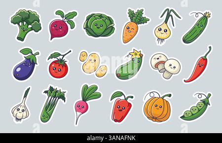 Autocollants de légumes mignons kawaii dans le style de dessin animé. Collection de personnages de légumes. Icônes de légumes, autocollants, mascottes. Illustration de Vecteur