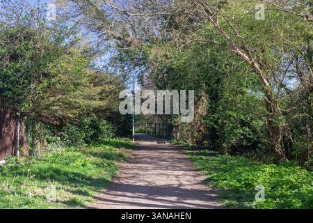 Sentier parallèle à Prittle Brook Greenway, Leigh-on-Sea, Essex, Angleterre, Royaume-Uni, un jour ensoleillé de printemps. (Une connexion sans trafic pour cy Banque D'Images