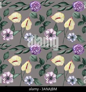 Motif sans couture aquarelle avec différentes fleurs sauvages. Joli motif fleuri parfait pour le design textile. Fond mignon pour tissu, textile, wallpape Banque D'Images