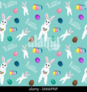 Modèle sans couture avec des éléments 3D représentant lapin de Pâques anthropomorphique avec des œufs de Pâques décorés dans ses pattes sur un fond bleu. Joyeuses Pâques ins Illustration de Vecteur