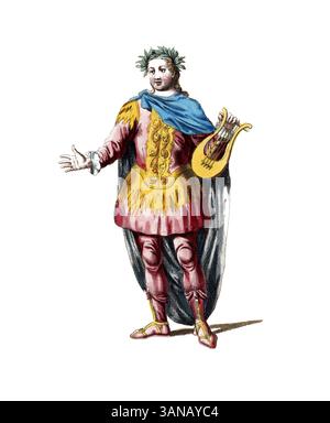 Vêtements historiques, histoire de la mode, figure symbolique pour Apollon, Apollon, dans la mythologie grecque et romaine le Dieu de la lumière, du printemps, de la pureté morale et de la tempérance, ainsi que la prophétie et les arts, reproduction restaurée numériquement d'un original du XVIIIe/XIXe siècle, date exacte inconnue Banque D'Images
