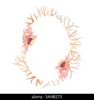 Cadre aquarelle peint à la main de coraux et de coquillages Banque D'Images
