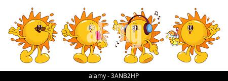 Mascottes solaires rétro isolées sur fond blanc. Illustration vectorielle de personnages jaunes groovy portant des lunettes de soleil, manger de la crème glacée, écouter de la musique, boire un cocktail, mignon emoji y2k Illustration de Vecteur