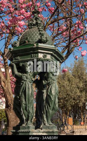 France, Paris, quartier Latin, Fontaine Wallace, eau potable parisienne historique et floraison printanière Banque D'Images