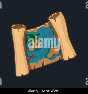 Carte au trésor pirate. Old Scroll avec quête. Illustration vectorielle du vieux papier avec le sens du chemin. Icône de jeu dans le thème pirate Illustration de Vecteur