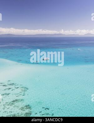 Vue aérienne d'un voilier au-dessus des eaux turquoises de la Grande barrière de corail, Cairns, Australie. Banque D'Images