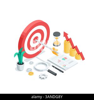 cible vectorielle isométrique avec une flèche au centre et un tableau de pièces de monnaie avec une flèche ainsi qu'une loupe et un sablier, en couleur sur un w. Illustration de Vecteur