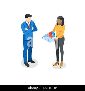femme d'affaires vectorielle isométrique montrant des diagrammes sur l'écran de la tablette à l'homme, en couleur sur un fond blanc, la communication d'affaires ou le travail avec stati Illustration de Vecteur