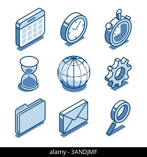 ensemble vectoriel isométrique d'icônes linéaires calendrier et horloge ainsi que dossier d'affaires avec document et enveloppe écrite, en couleur sur un fond blanc, Illustration de Vecteur