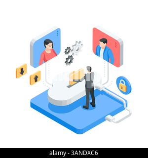 homme d'affaires vectoriel isométrique téléchargeant le dossier dans le cloud, en couleur sur fond blanc, stockage partagé dans le cloud ou travail à distance Illustration de Vecteur
